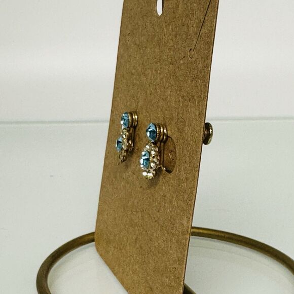 Vintage Blue Rhinestone Floral Earrings Gold Tone Mid Century Sparkle Screw Back - Picture 9 of 12